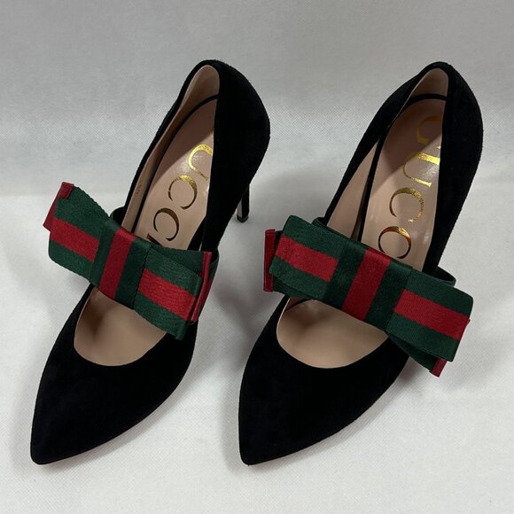 NIB Authentic Gucci Sylvie Black Suede Pumps with Green & Red Stripe Web Bow - Picture 8 of 15